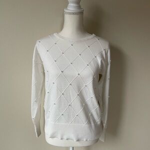 Ivory Cable & Gauge Crewneck Sweater with Pearl Embellishment Detail Size S